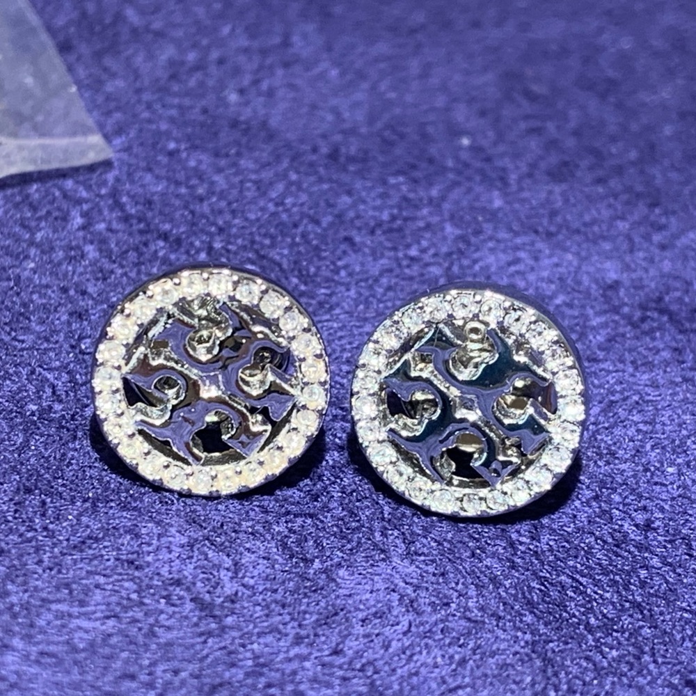 Tory Burch Signature Logo “T” Circle Rhinestone Earrings NEW